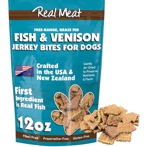 TRMC Real Meat Dog Treats - 12oz Bag of Bite-Sized Air-Dried Fish & Venison Jerky for Dogs - Grain-Free Jerky Dog Treats Made up of 95% All-Natural, Free-Range Venison & Ocean-Caught Fish