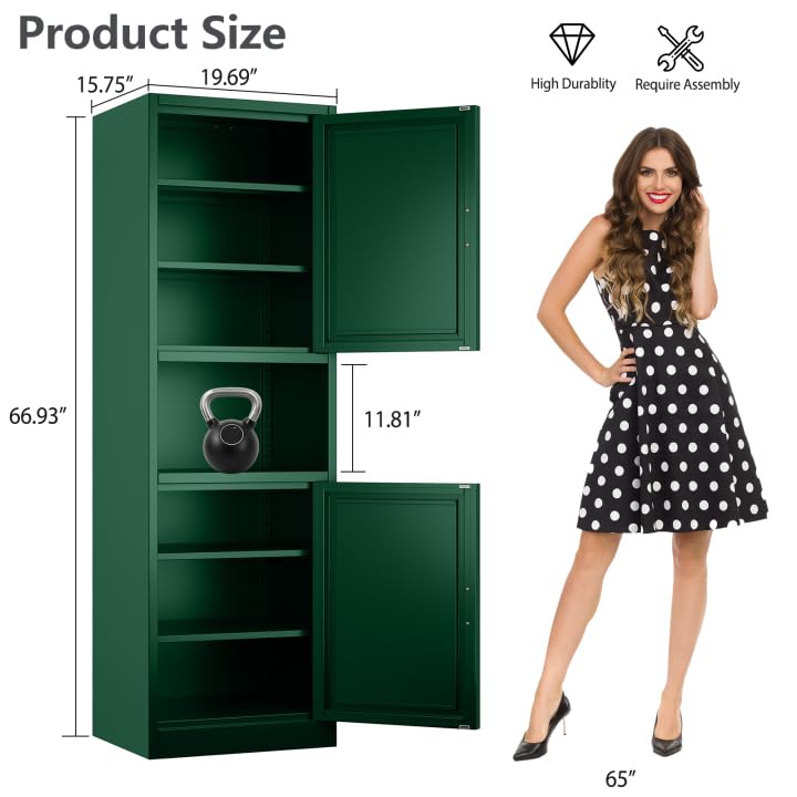 Image of Tall Narrow Pantry Cabinet for Kitchen, 67 inch H Metal Storage Cabinets with Doors and 3 Adjustable Shelves for Dining Room, Living Room and Home Office (20 inches Wide Green)