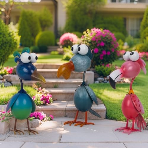 Juego de 3 Estatuas Decorativas de Pájaros de Metal para Exterior miniatura 7