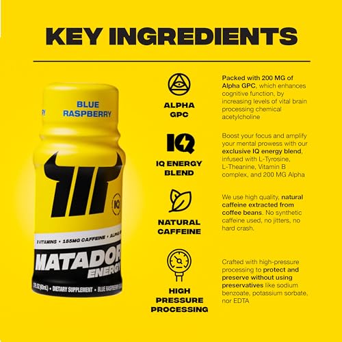 Image of MATADOR Energy Shots Extra Strength Mini Energy Drinks w /B Complex Vitamins (Vitamin B12-B9-B6-B3), Alpha GPC Nootropic Focus, Coffee Bean Extract Caffeine Shots, 24 Shot Count Blue Raspberry