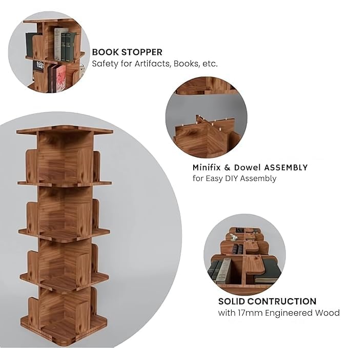 Image of Amazon Brand - Solimo Revolva 360 Rotating Bookshelf I 4 Tier Bookshelf I Wooden Book Stand & Bottom Turnplate for Office, Livingroom, Bedroom I Brown I 38L x 38W x 126H CM I DIY