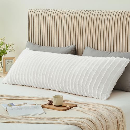 BEDELITE Body Pillow Cover with Zipper Closure Decorative Boho Fleece Pillowcase 20 x 54 Inches Luxury Fluffy Plush Long Body Pillow Pillowcase for All Seasons(Bright White-Boho)