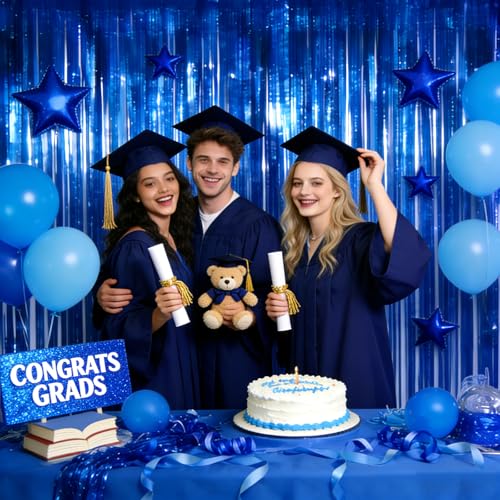 Image of 4 Pack Blue Fringe Backdrop 12.8x8.2 Feet Sparkle Metallic Tinsel Foil Fringe Curtain, Navy Blue Fringe Curtains Party Decorations for Christmas Birthday Graduation