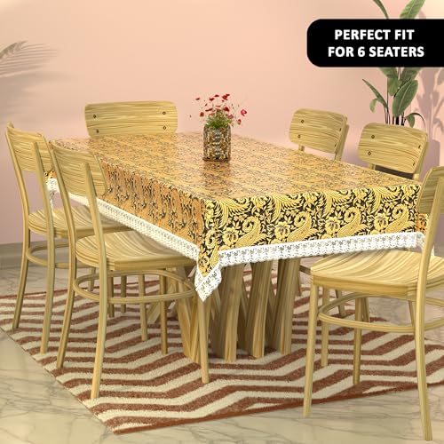Image of Kuber Industries 60x90 Inches Retangular Waterproof 6 Seater Dining Table Cover with Wavy Border | Easy to Clean Table Protector Cover for Home & Office | Multi Floral - Black Golden