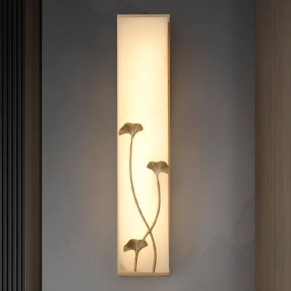 HPTHLY Long Linear Alabaster Wall Sconces Natural Marble Wall Lamp With Brass Decor Chinese Style White Stone Wall Light Bedside Dimming Wall Mount Lamp For Living Roo(Gold-47Cm)