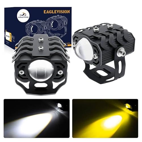 EAGLEVISION Faros Adicionales Moto 6000LM 60W Faros Auxiliares De Moto LED Moto Auxiliar 6000K/3000K Faros Adicionales LED Moto Focos Delanteros LED Blanco/Ámbar 9V-30V Seis Chips Cover