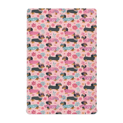 Image of Crib Sheet Breathable Soft Crib Mattress Sheet for Baby Toddler Boys Girls Fitted Crib Sheet Fit Standard Crib Mattress 52 x 28 Inch Cute Dachshunds Flowers Pink