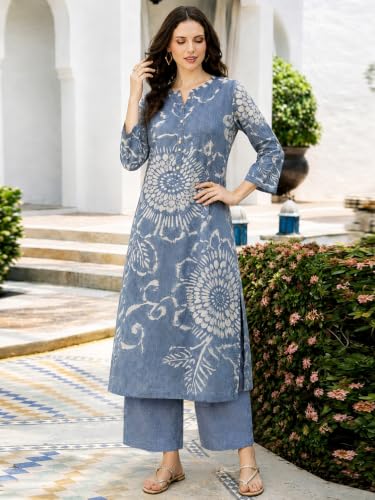 Image of ANNI Designer Kurta Set for Women Erode Rayon Printed | Kurti Set for Woman | Kurta Palazzo 2 Piece Outfit | Band Collar 3 /4 Sleeve A-Line Fit Ethnic Dress Stylish Kurta Sets for Women Clothing