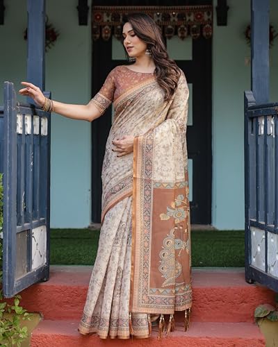 Image of ALMAARI FASHION Cotton Saree for Women with Floral Printed Design and Traditional Zari Border, Soft Lightweight Ethnic Saree for Wedding Festive Party Office Wear with Blouse Piece