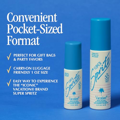 Vacation Mini Super Spritz SPF 50, Water-Resistant, Daily Face Sunscreen Spray, Mini Setting Spray, Non-Comedogenic, Vegan, Travel Size, 1 Fl. Oz. (Value Pack of 6)