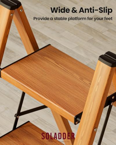 Image of SOLADDER 2 Step Ladder, Folding Step Stool with Anti-Slip Wide Sturdy Pedal, Multi-Use for Home and Kitchen Use, Space Saving-Woodgrain(300lbs Capacity)