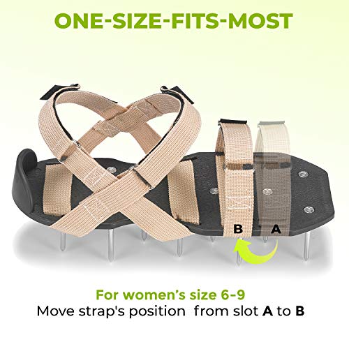 Plantnomics Lawn Aerator Shoes with Hook-and-Loop Straps, User Manual, Wrench – Pre-Assembled, Fully Adjustable, One-Size-Fits-All – Lawn and Garden Tool Reduces Thatch, Revives Soil Health, Camel