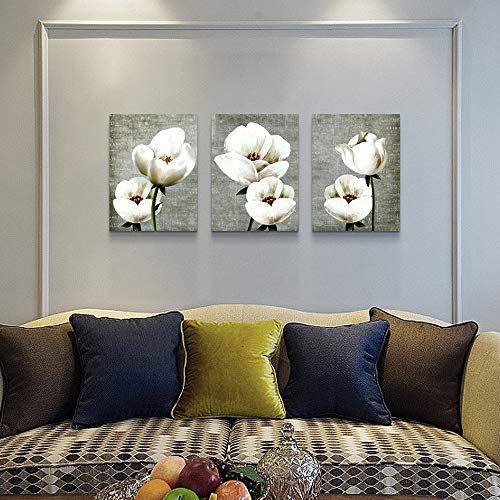 Image of Vintage Style White Flowers Abstract Wall Art - 3 Panels Modern Family Decor For Living Room, Bedroom, Bathroom, Kitchen