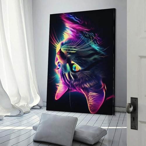Peinture sur toile chat néon pour décorer une chambre de fille ou un salon contemporain