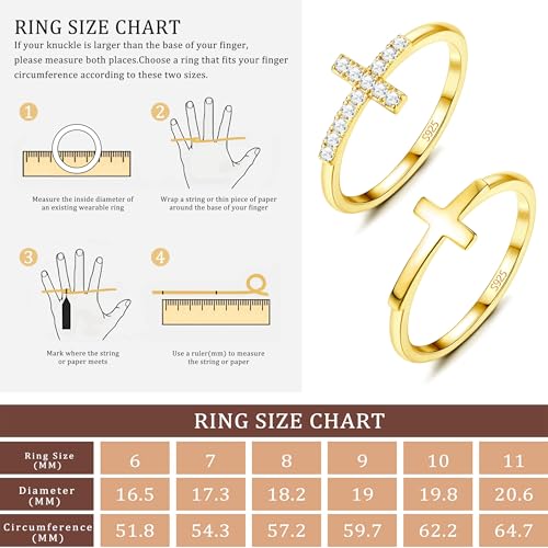 18K Gold Plated Cross Ring 925 Sterling Silver Rings Wedding Band for Women Cubic Zirconia Jewelry Promise Bands Gold Rings for Her Trendy CZ Accessories Statement Rings Size 6 to 102