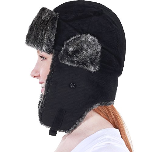 Kbw-603 Blk Corduroy Aviator Trapper Hat Trooper Ear Flaps Ushanka Eskimo Bomber Russian Warm Winter Cold (One Size, Corduroy Black) #TOP6