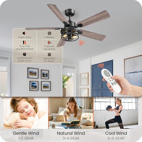 Image of 52 Inch Farmhouse Ceiling Fan with Lights and Remote, Timer, Dual Finish 5 Blades (Gray Oak and Black), 6 Speeds, Reversible DC Motor, Rustic & Industrial Caged Ceiling Fan for Bedroom HB01CF05