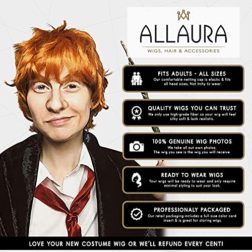 Image of ALLAURA Compatible with Ron Weasley Costume - Short Orange Wig for Adults & Kids - Ideal for Wizard, Ed Shran, Halloween Cosplay, Movie Characters, Funny Party Looks, Redhead Wig Styles