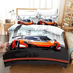 Funda Nordica Infantil Coches Juego de funda nórdica para coche de carreras para niños, moderno, color rojo, ropa de cama para niños, decoración deportiva con cremallera y 2 fundas de almohada de 50x75 cm (naranja, 135x200 cm)