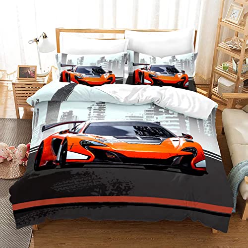 MIQEBX Housse De Couette Voiture de Sport 220x240cm avec 2 Taies d'oreiller,Moderne Orange Auto Housse de Couette en Microfibre,pour Adultes Hommes Jeunes Garçons Enfants