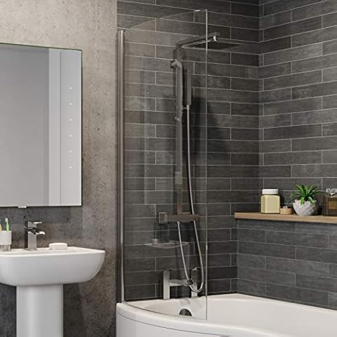 Affine 6mm Curved Edge Toughened Safety Glass Over Bath Frameless Shower Screen Panel Shower Door Chrome Pivot Hinged 850mm Cover
