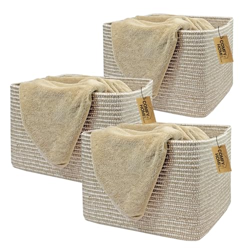 COMFY-HOMI 3PACK Cotton Rope Square Basket with Handles for Shelves| Storage|Baby Basket for GIF|Shoe Basket for Organizing|New13.5" x 11" x 9.5" for Living Room