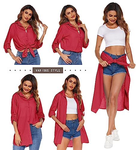 Image of HOTOUCH Women Boyfriend Shirts Button Down Long Sleeve Blouse Cuffed Sleeve Collared Shirt