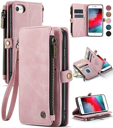 Defencase iPhone SE 2022/2020/8/7 Wallet Case, Rose Pink Leather Flip Strap with Wristlet Zipper & Card Holder