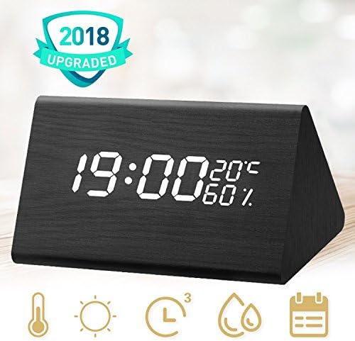 Wooden Clock, LED Digital Smart Alarm Clock With 3 Levels Adjustable Brightness & 3 Groups of Alarm Time, Triangle USB/4AAA Battery Powered Sound-Controlled, Displays Time Date Temperature and Humidit