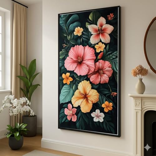 Toile fleurs d'hibiscus 30x50cm art mural floral sans cadre peinture botanique colorée