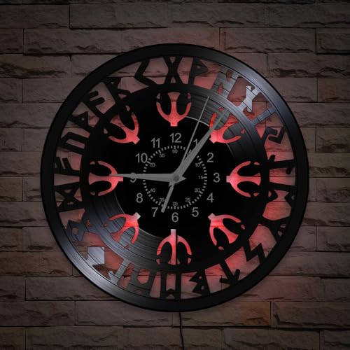 Timeglow A9-GIT-1381L Viking Wall Clock, 7 Kinds Of Led Color 12 Inch Nordic Mythology Vegvisir Runes Symbol Wall Clock thumb #2