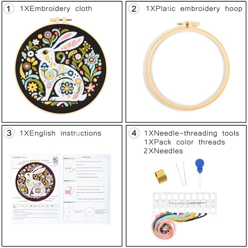 Image of Crafmanoe Embroidery Kits for Beginners Adults, Flowers Rabbit Embroidery Starter Kits, Counted Cross Stitch Kits for Beginners Adults Hobbies Set for Women, Embroidery Hoops, Thread & Video Tutorial