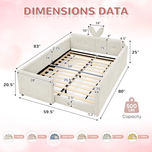 Image of Full Size Kids Bed with Rabbit Ear Headboard, Upholstered Boucle Fabric Full Daybed with Slats Support & Side Pockets, Space-Saving Wooden Corner Sofa Couch Bed Frame for Girls, Boys, Teenager(Beige)