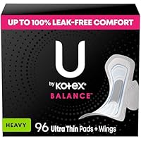 U by Kotex Balance Ultra Thin Pads with Wings, Heavy Absorbency, 96 Count (6 packs of 16) (Packaging May Vary)