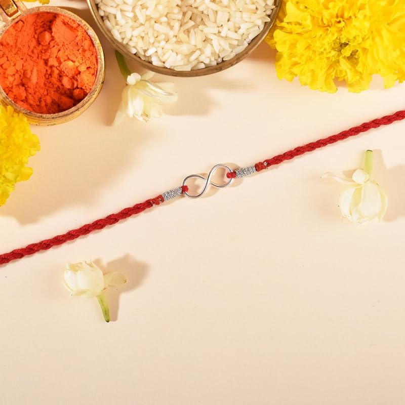Image of ROOVI Pure 925 Sterling Silver Rakhi for Bhai with Roli Chawal | Chandi Ki Rakhi Original | Krishna Morpankh, Trishul, Ganesh, Ram, Om, Evil Eye, Infinity Rakhi for Brother With Certificate
