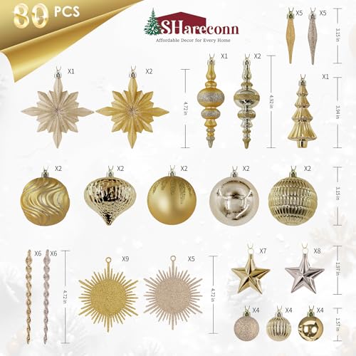 SHareconn 80pcs Christmas Balls Ornaments Set, Contemporary Light Luxury Gift Set, Shatterproof Plastic Decor for Xmas Tree Holiday Wedding Party Decorations with Hanging Strings, Dark and Light Gold