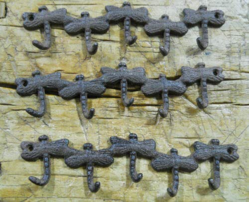JumpingLight 3 Cast Iron Dragonfly Towel Coat Hooks Hat Hook Key Rack Rustic Brown Finish Cast Iron Decor for Vintage Industrial Home Accessory Decorative Gift