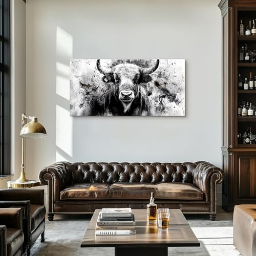 SERIMINO Modern Animal Wall Art Prints, Highland Cow Black and White Canvas Paintings, Western Rustic Wall Pictures for Living Room Bathroom Farmhouse, Bull Bedroom Decor for Men 24X48 Inch