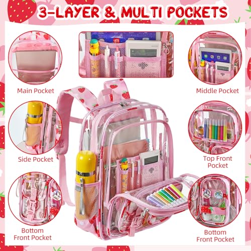 Image of Clear Backpack for Kids, Strawberry Backpack for Girls, Water-Resistant See Through Bookbag with Chest Strap for Preschool Kindergarten College Travel Stadium Work Concert