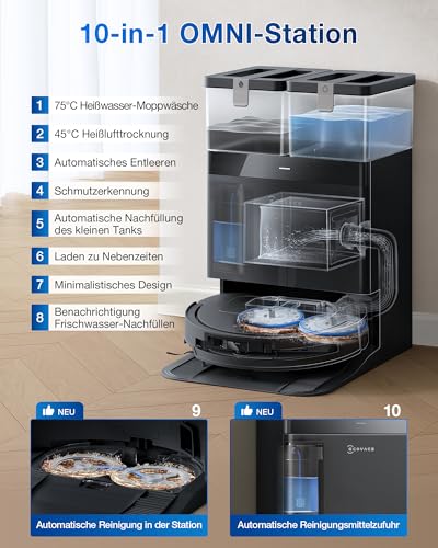 ECOVACS DEEBOT T50 PRO Omni Gen2 Saugroboter mit Wischfunktion, Ausfahrende Seitenbürste und Wischmopp, 21.000 Pa, Auto Zugabe von Reinigungslösung, Moppwäsche mit 75°C heißem Wasser, Ultradünn 81 mm 6