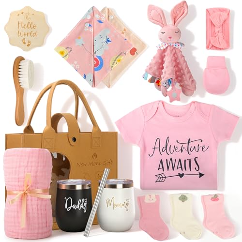 Baby Girl Gifts Basket for Newborn, 16pcs Baby Shower Gifts Including Pink Clothes, Blanket, Bibs, Socks, Keepsake Card, Unique Baby Shower & Newborn Gift Idea