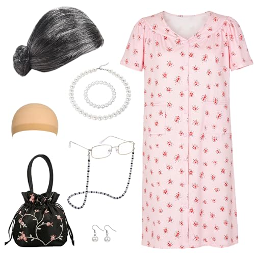Carreuty 8 Pcs Old Lady Costume Women Granny Old Lady Dress up Kit with Granny Dress Wig Hairpiece Necklace Bracelet Earrings Spectacles Spectaclechain Bag for Cosplay Carnival Party Outfits