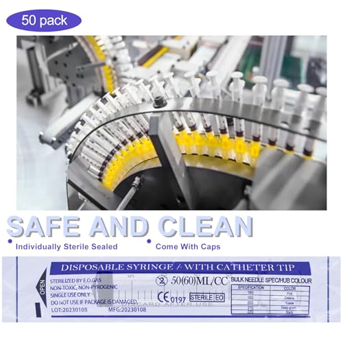 Image of 50 Pack 60mL Large Plastic Syringes with Catheter Tip and Caps, Clear Measuring Syringes for Liquids, Oral Feeding, Labs, Dispensing, Jello Shots, Home and Craft Use, No Needle