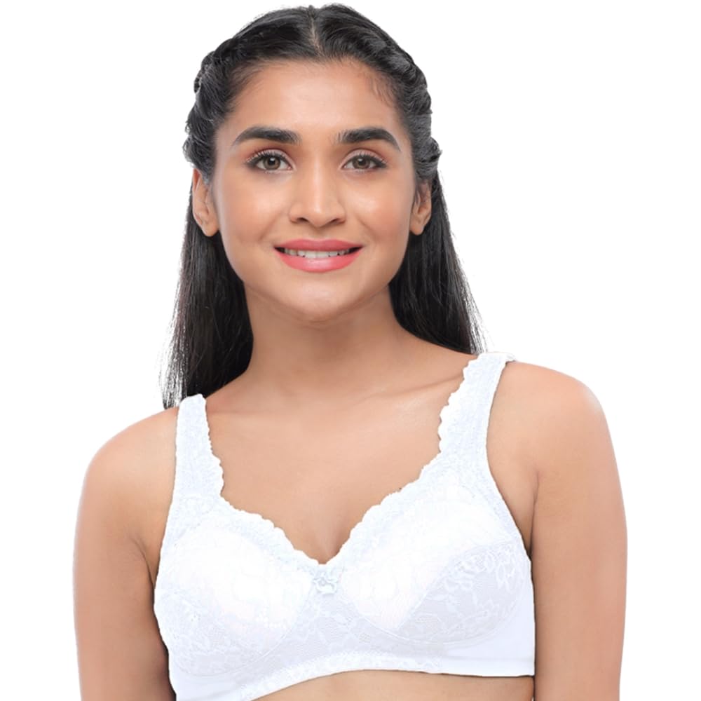 Women Girls Cotton Non-Padded Wire-Free Minimizer Bra with Adjustable Straps V-Neck See-Through Lace/Net Pattern Floral Full Coverage Bra - Original-image-29