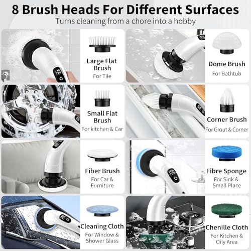 Image of GOXAWEE Electric Spin Scrubber, Cordless Cleaning Brush with 8 Replaceable Brush Heads, Power Shower Scrubber with Long Handle for Bathroom, Tub, Tile, Floor (White)