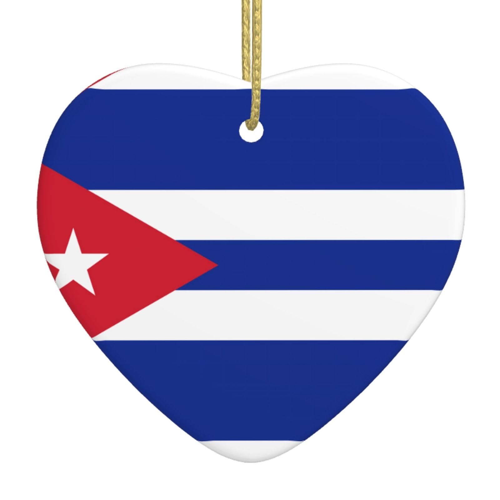Cuban Flag Ceramic Christmas Heart Pendant with Silk Thread, Christmas Tree Home Decoration