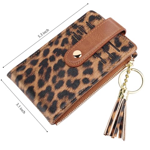 Slim Card Holder Wallet for Women RFID Blocking Leather Multi Card Bifold Wallet with Tassel Zipper Coin Pocket,Leopard4