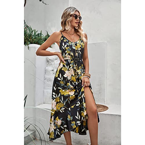 Brovave Women's 2023 Summer Casual Boho Sundress Polka Dot Spaghetti Strap V Neck Flowy Midi Dresses(008 Yellow Floral, Medium) #TOP3
