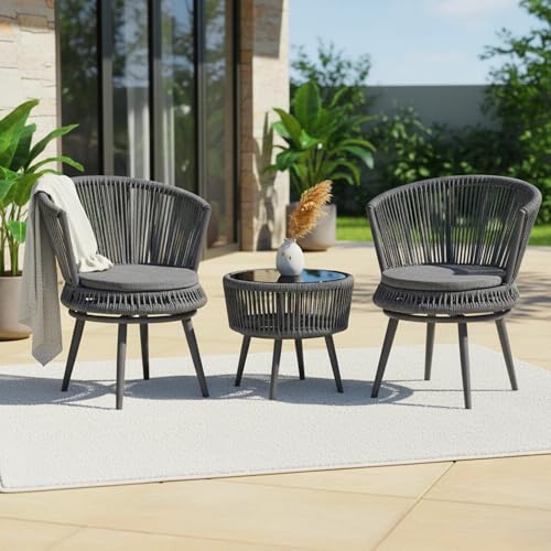 Image of DEVOKO Outdoor Rope 3 Piece Handwoven Crown Shape Rope Chair & Glass Top Side Table with Metal Frame for Garden, Pool, Deck, Backyard, Balcony (Grey)
