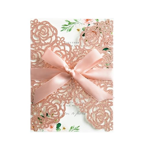 ponatia 25PCS 5.12 x 7.1'' Rose Gold Glitter Wedding Invitations Cards Laser Cut Hollow Rose With Envelopes, Printable Paper with Ribbons for Wedding Bridal Shower Engagement Sweet 16 Birthday